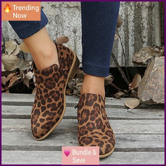 Women's Ankle Booties Low Heel V-Cut Chunky Block Stacked Heel Shoes - Picture 3 of 8